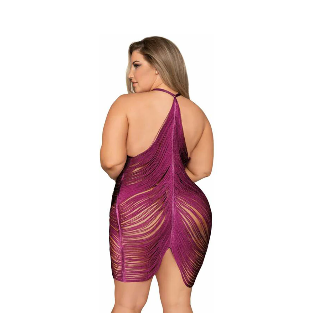 Dreamgirl Halter Fringe Chemise & G-String Mulberry 3XL (Hanging) - Image 3