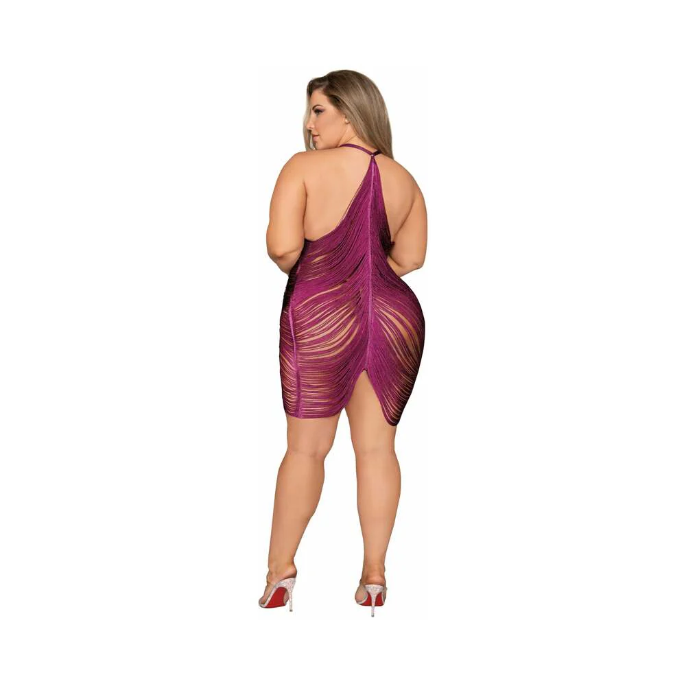 Dreamgirl Halter Fringe Chemise & G-String Mulberry 3XL (Hanging) - Image 5