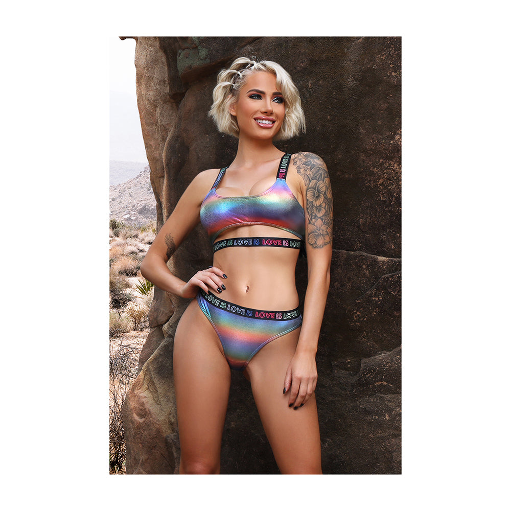 Fantasy Lingerie Vibes Love Is Love Underboob Cut Out Top & Cheeky Panty Rainbow Holo M/l - Image 2