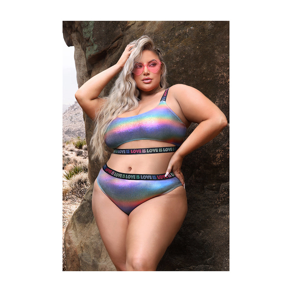 Fantasy Lingerie Vibes Love Is Love Underboob Cut Out Top & Cheeky Panty Rainbow Holo Queen Size - Image 2