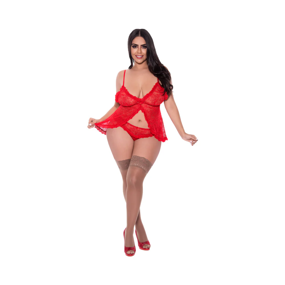 Magic Silk Ooh La Lace Babydoll & Split Crotch Panty Set Red Queen - Image 4