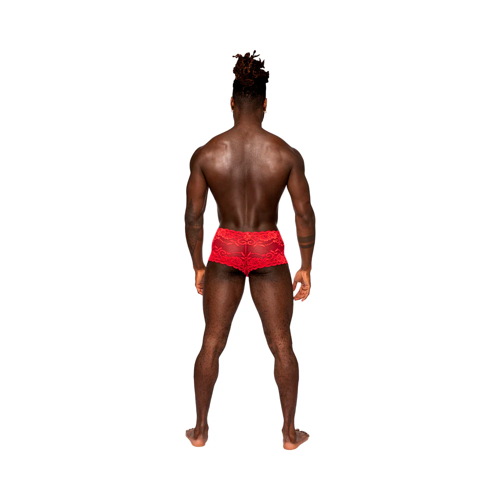 Male Power Sassy Lace Mini Short Sheer Pouch Red Xl - Image 2