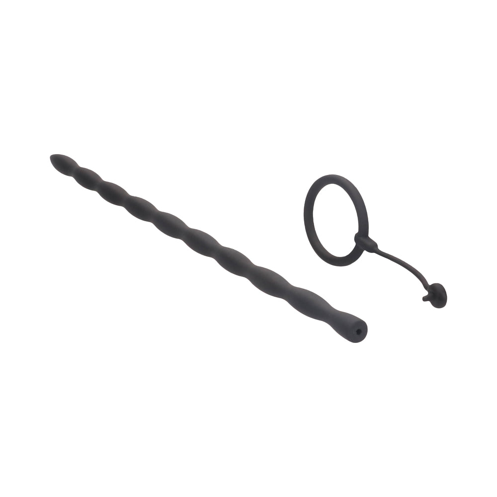 Ouch! Urethral Sounding - Silicone Plug & Cock Ring Set - Black - Image 5